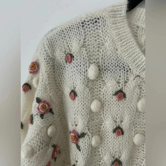 Vintage Sweaters - Vintage Gladys Bagley Floral Pom Pom Cottagecore 3D Knit Grandma Sweater